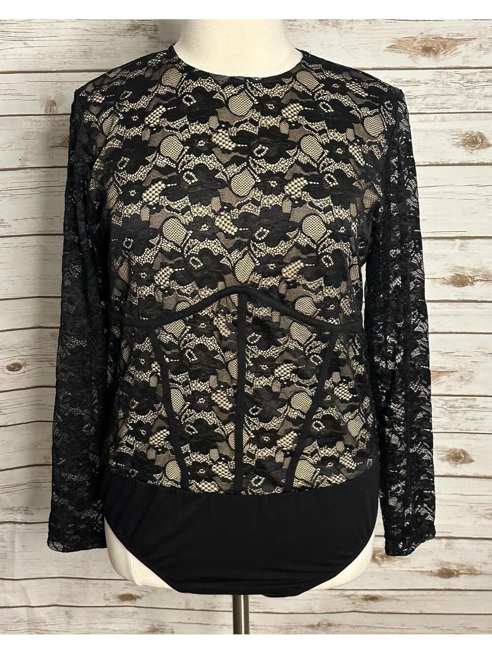 Torrid black romantic goth sheer lace corset-style long sleeve bodysuit 2/2X